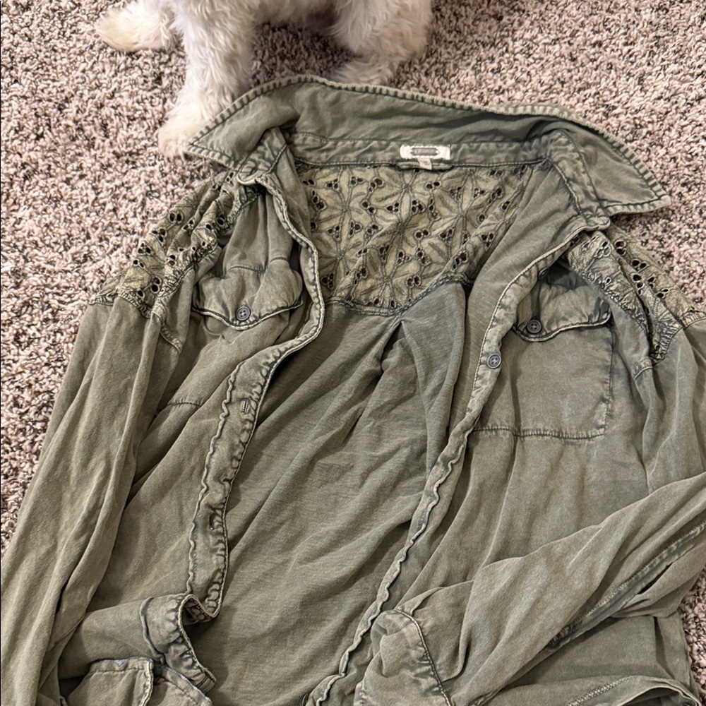 gimmicks by BKE Olive Green Utility Button-Up with Eyelet Detail